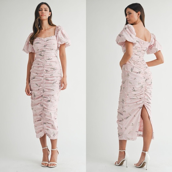 Mable Blush Pink flirty feminine floral rusched dress size Large L new - Picture 1 of 14